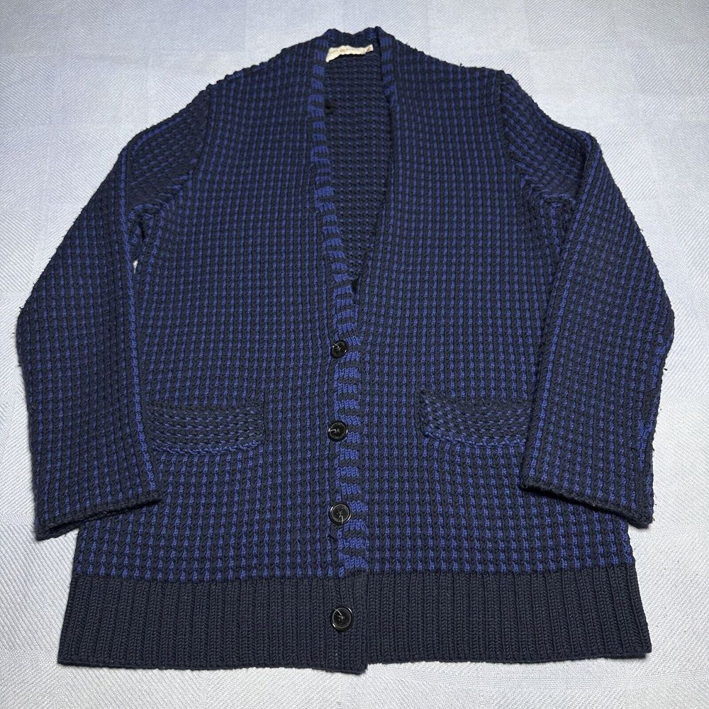 Tory Burch Black Blue Merino Wool Waffle Knit Cardigan‎ Sweater Women's Sz Large